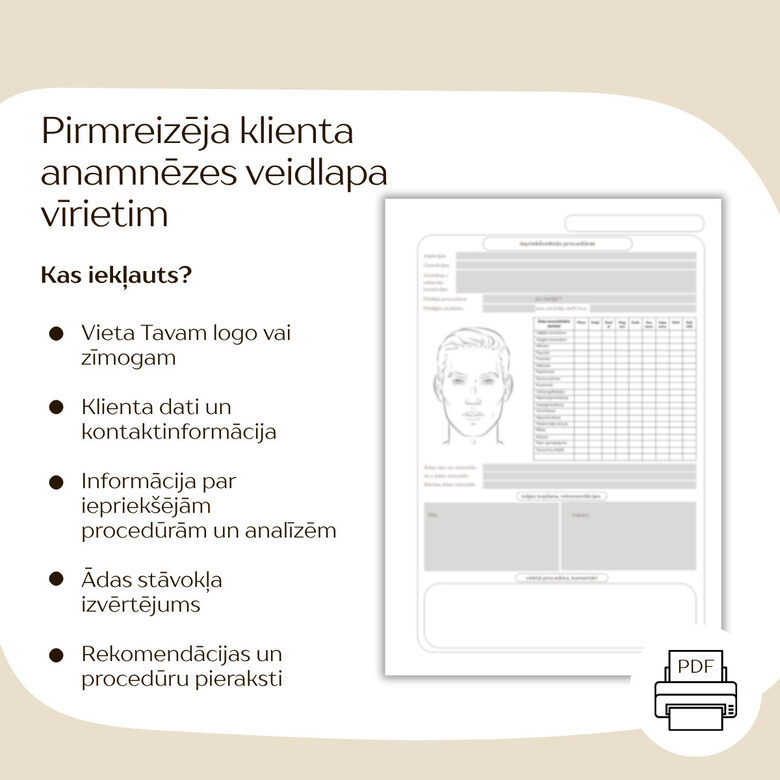 Pirmreizēja sejas kartes anamnēzes veidlapa VĪRIETIM sejas procedūrai
