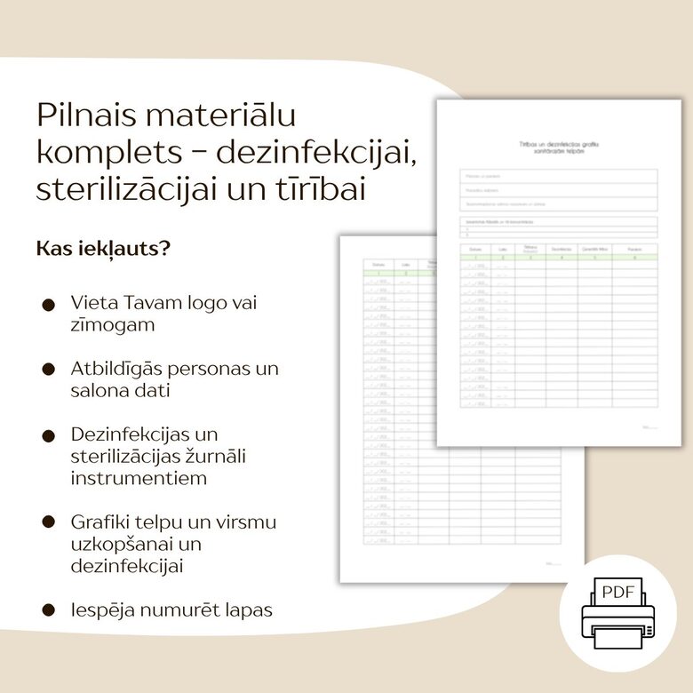 PILNAIS MATERIĀLU KOMPLEKTS - dezinfekcijas, sterilizācijas žurnāli un grafiki instrumentiem, telpām